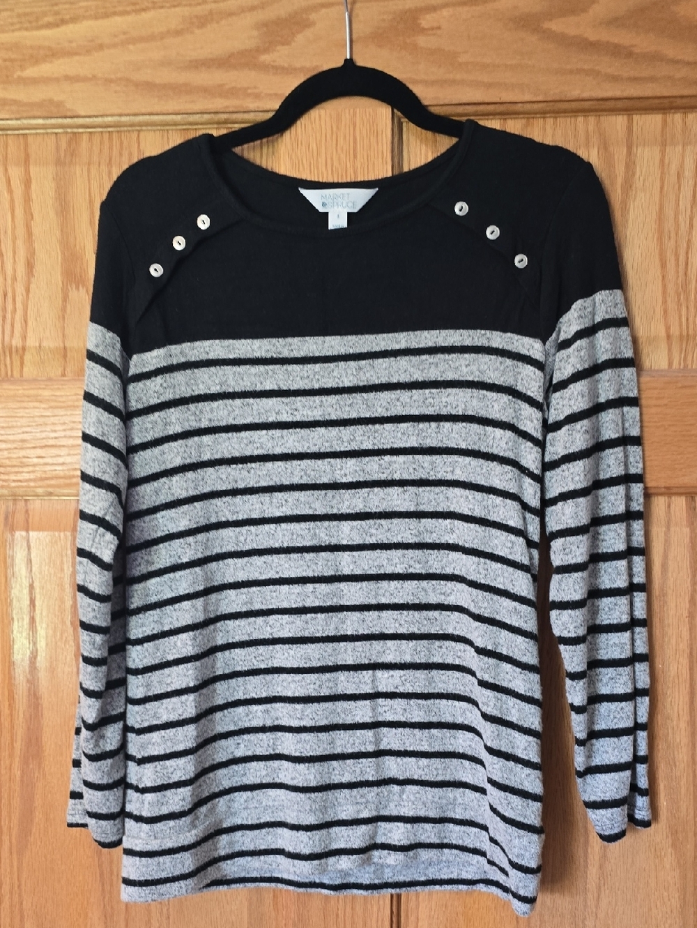 Market & Spruce Black and Gray Striped Button-Shoulder Knit Top